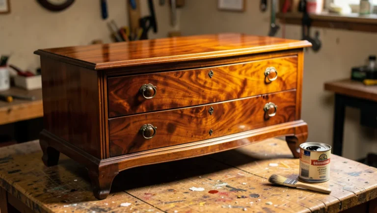 Glossy shellac-finished wood dresser with a can of stain nearby on a workbench