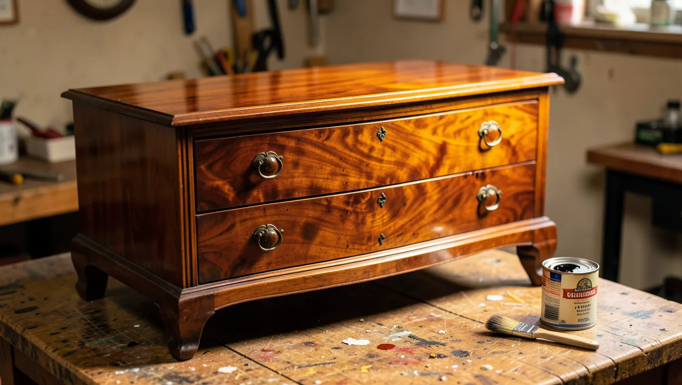 Glossy shellac-finished wood dresser with a can of stain nearby on a workbench
