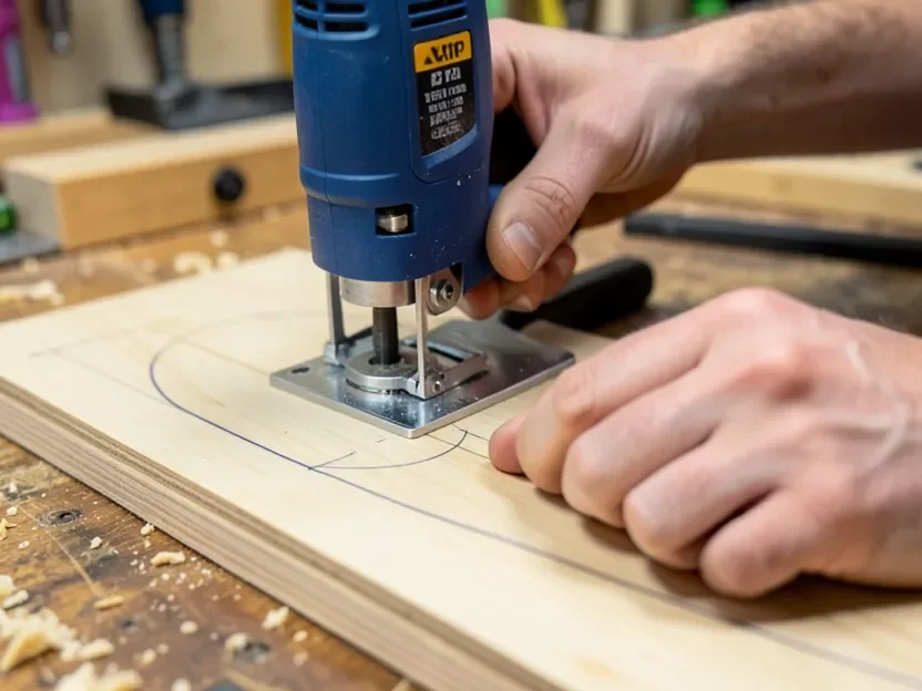 Woodworker guiding a jigsaw along a curved pencil line