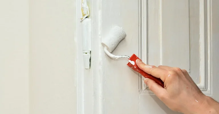 Hand applying fresh white paint to an interior door panel with a small foam roller