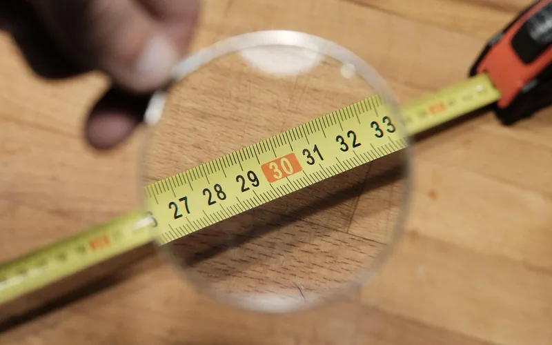 Hand magnifier held over a wooden surface and a tape measure