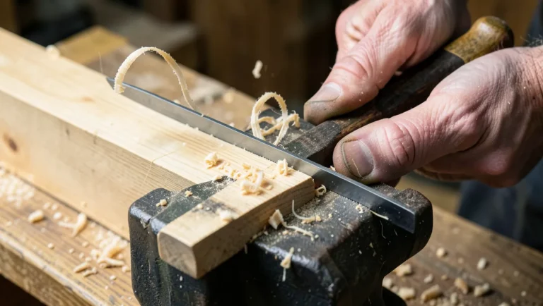 Long hand plane jointing the edge of a wood board clamped in a vise