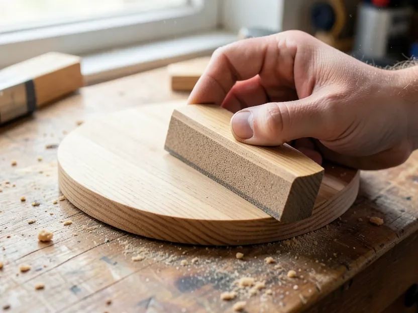 Hand-sanding the round edge of a wooden disc with a curved sanding block