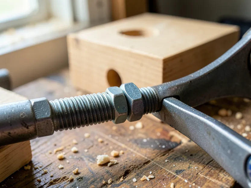 Two hex nuts jammed together on a hanger bolt's machine-thread end so a wrench can drive it into wood