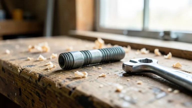 Steel hanger bolt resting on a wood workbench next to a wrench, ready for installation