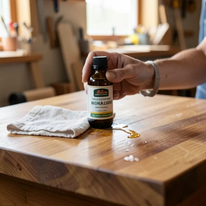 Applying food-safe mineral oil to a hardwood countertop surface with a cloth