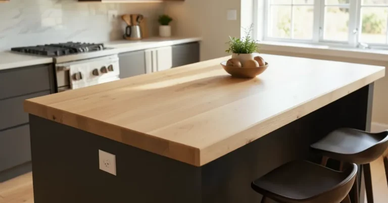 Light-colored hevea rubberwood butcher block countertop installed on a kitchen island
