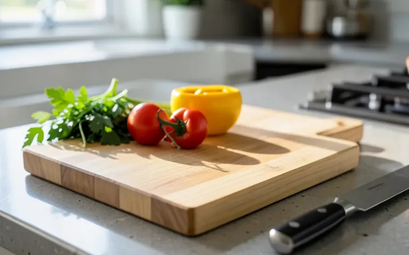 Hevea rubberwood cutting board with fresh vegetables and a chef knife Hevea rubberwood cutting board with fresh vegetables and a chef knife on a kitchen counter