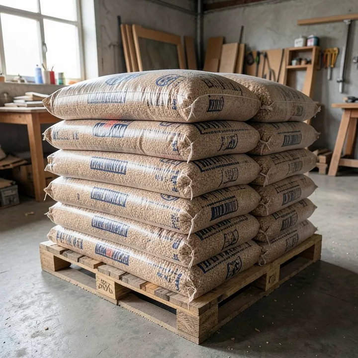 Stacked and shrink-wrapped bags of wood pellets on a warehouse pallet
