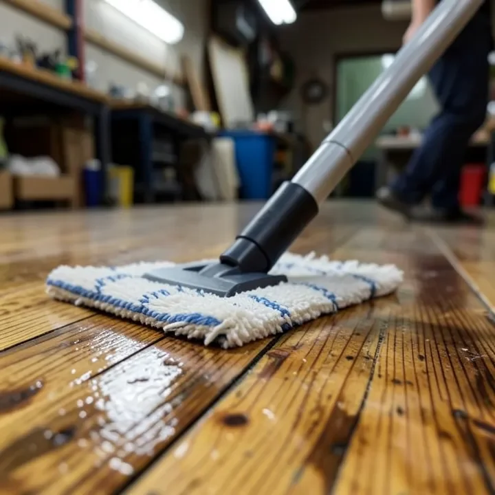 Close-up of a microfiber mop being used on a stained and sealed plywood plank floor