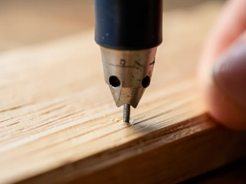 Using a nail set to sink a finishing nail below the wood surface