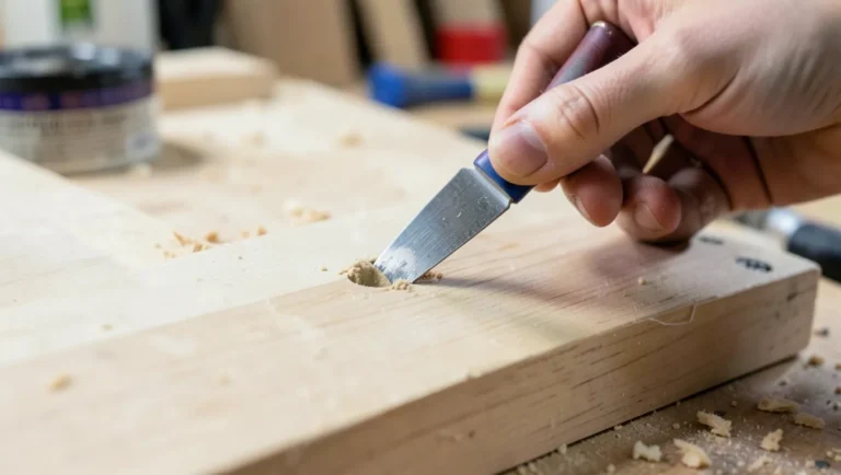 Filling a nail hole in wood with a putty knife