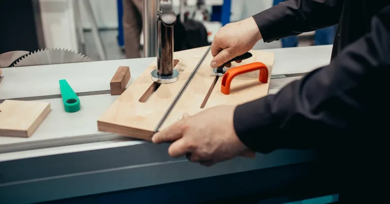 Woodworker guiding a push block jig across a table saw to make a crosscut