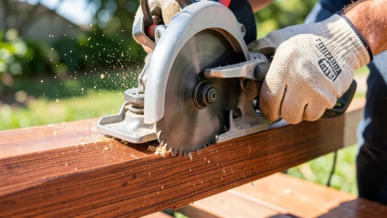 Circular saw cutting through dense reddish-brown Ipe hardwood deck board, sawdust flying
