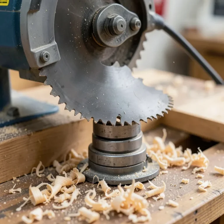 Table saw blade with a dust collection hose attached