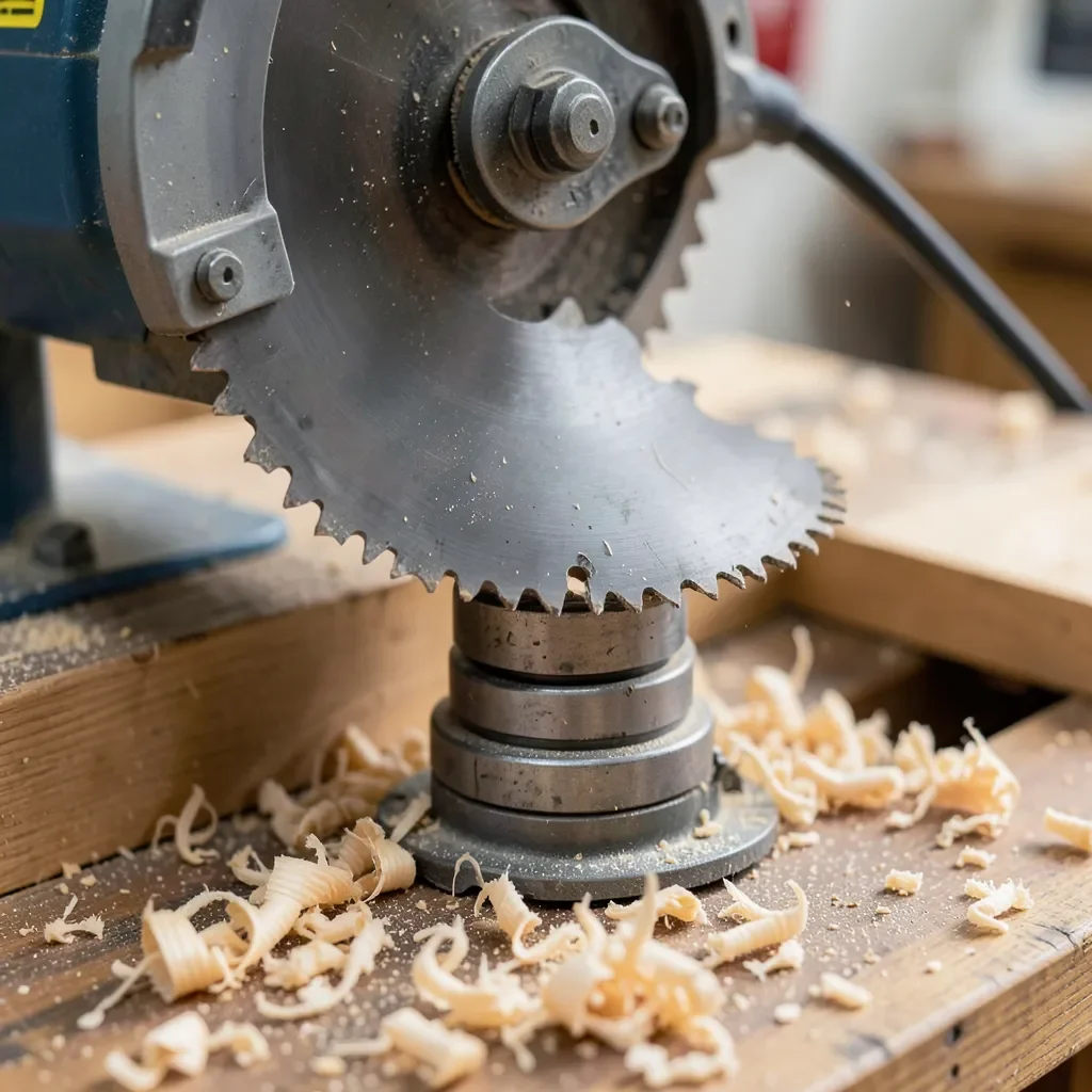 Table saw blade with a dust collection hose attached
