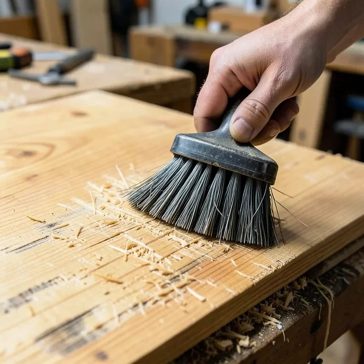 hand dragging a wire brush along cedar wood grain to create texture