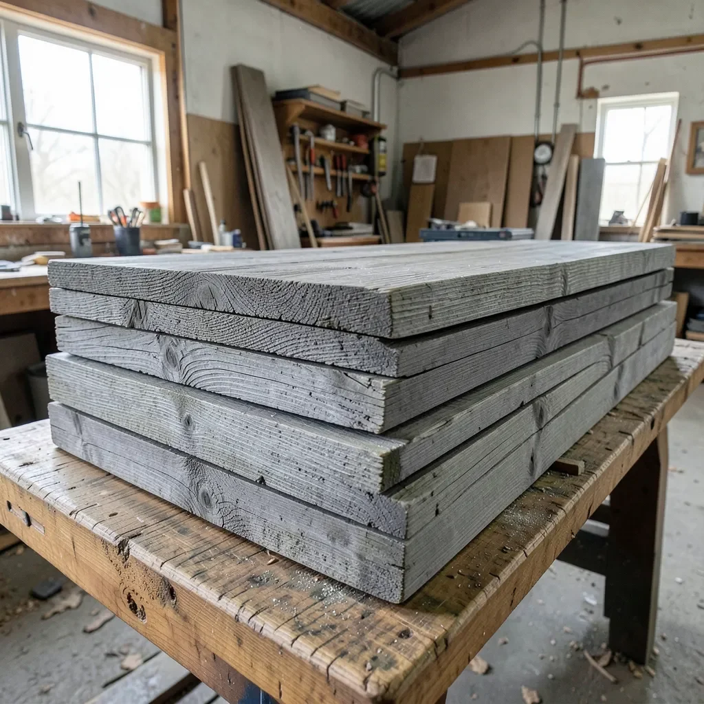 stack of gray weathered cedar barn wood boards