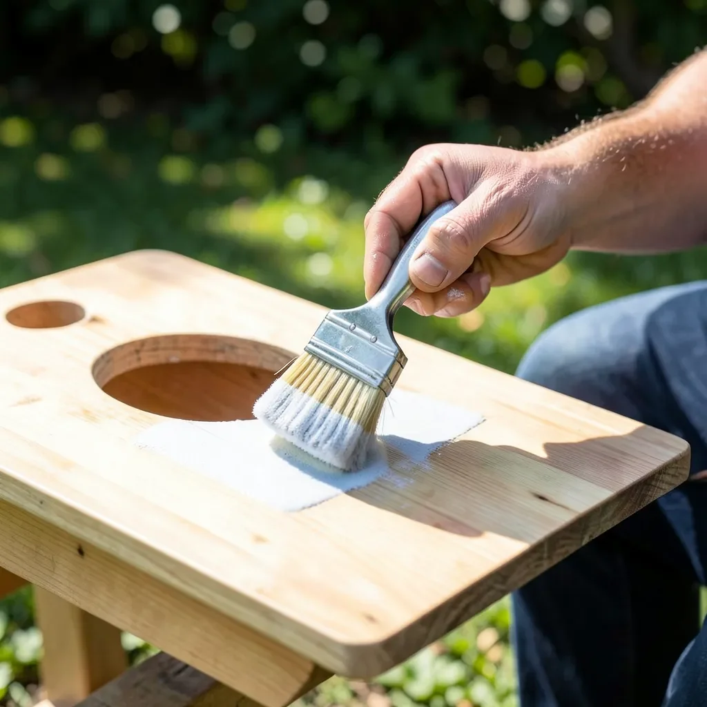 Applying polyurethane finish to a cornhole board with a foam brush
