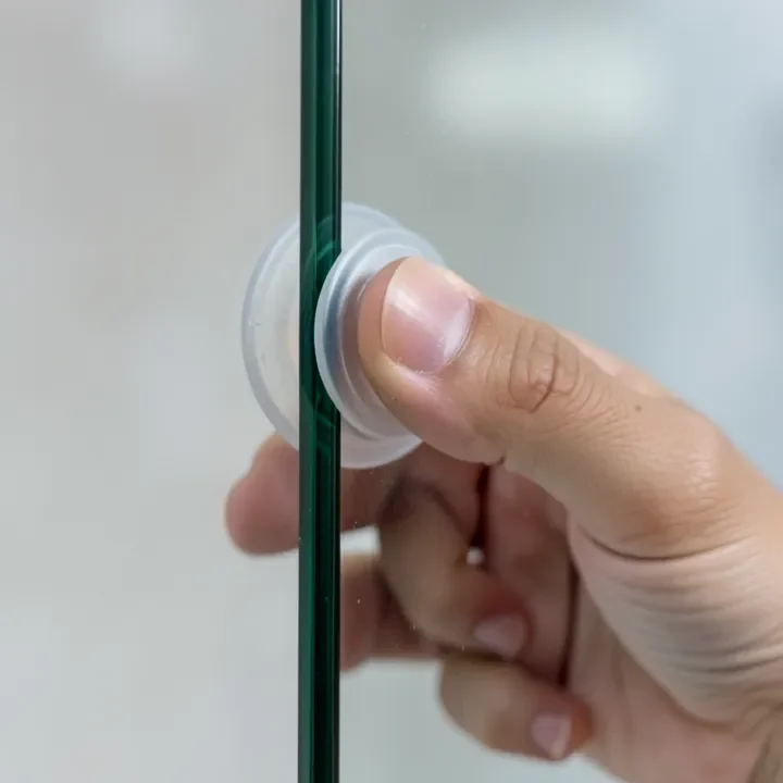 Suction cup handle attached to the edge of a glass table top