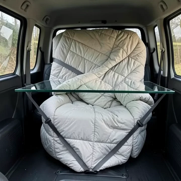 Glass table top wrapped in moving blankets and secured upright inside a van