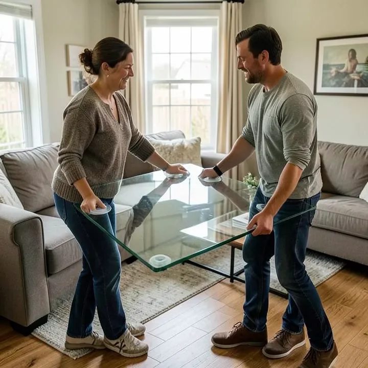 Two people carrying a glass table top together using suction cup handles