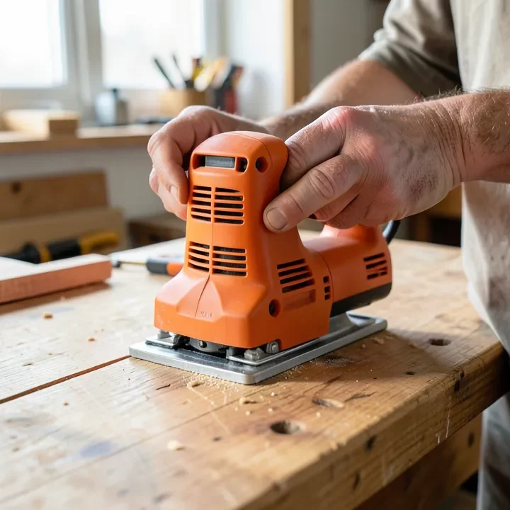 Guiding an electric hand planer across a wooden table top surface