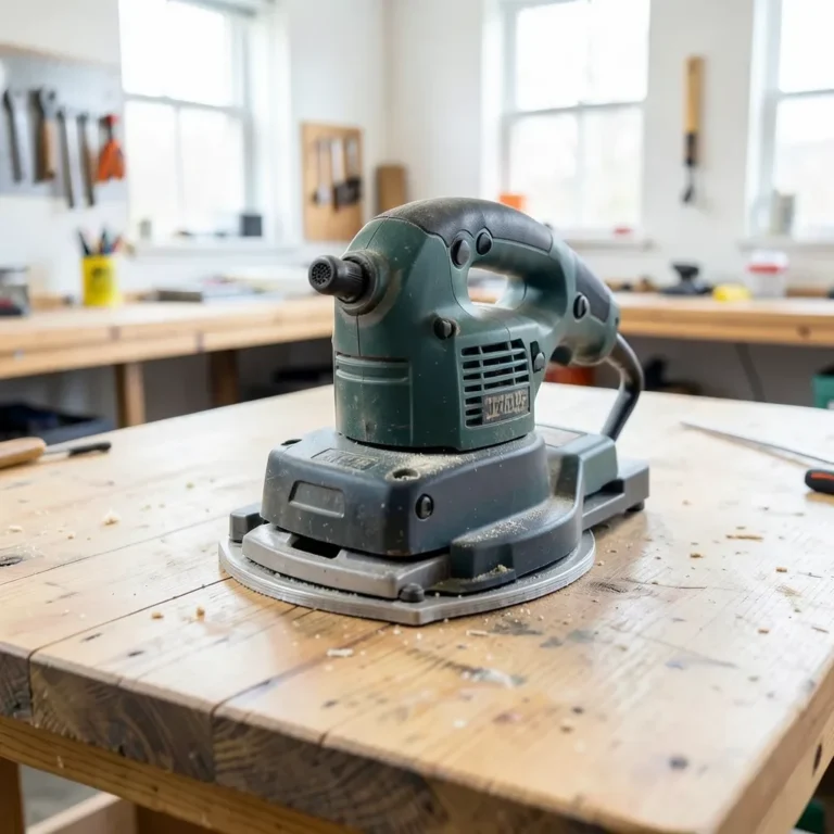 Electric hand planer resting on a wooden table top in a workshop