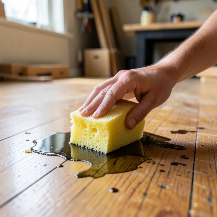 hand using yellow sponge to wipe a motor oil spill off a hardwood floor hand using yellow sponge to wipe a motor oil spill off a hardwood floor