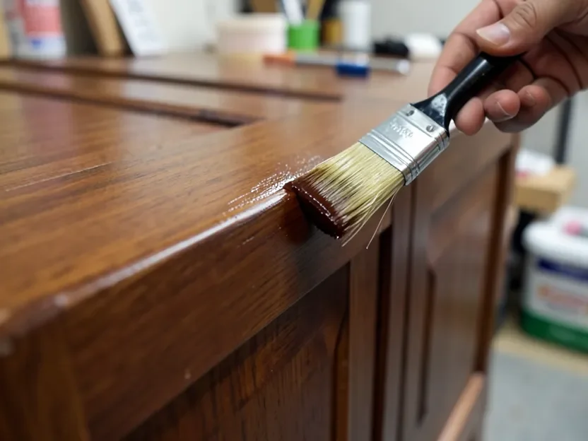 Applying thinned gel stain with a brush in smooth even strokes on a wood cabinet door