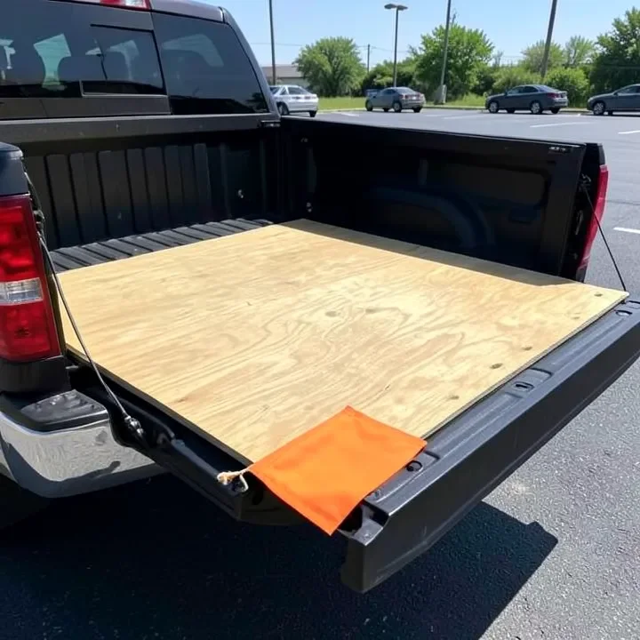 sheet of plywood overhanging an open pickup truck tailgate with an orange safety flag tied to the corner