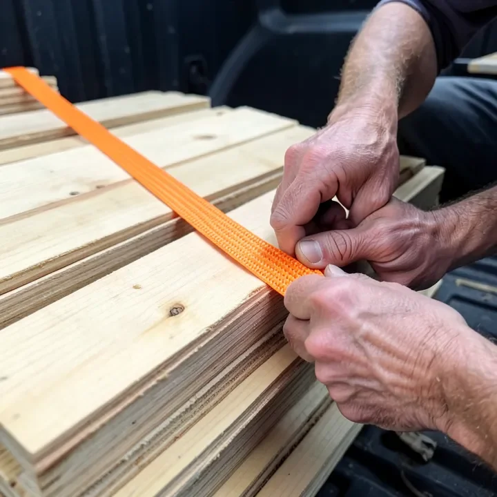 hands tightening an orange ratchet strap crossed over a stack of plywood sheets in a truck bed