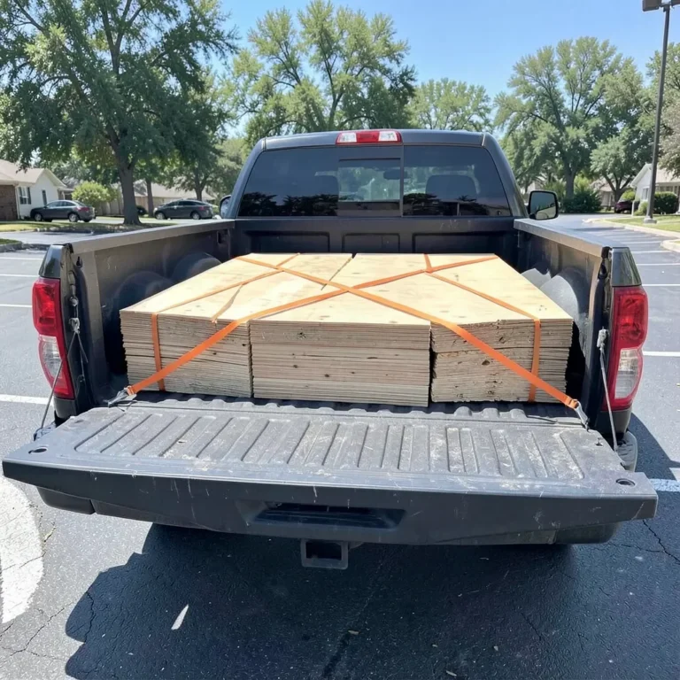 pickup truck bed loaded with plywood sheets secured with crossed orange ratchet straps