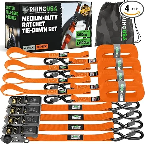 Rhino USA Ratchet Straps Tie Downs, 1in x 15ft (4-Pack)