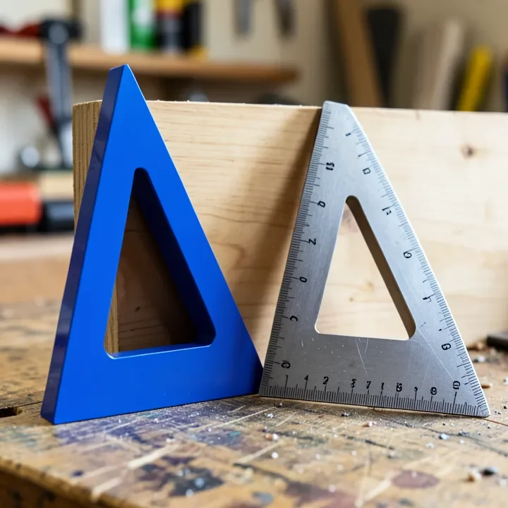 speed square, try square, and combination square laid out on a workbench