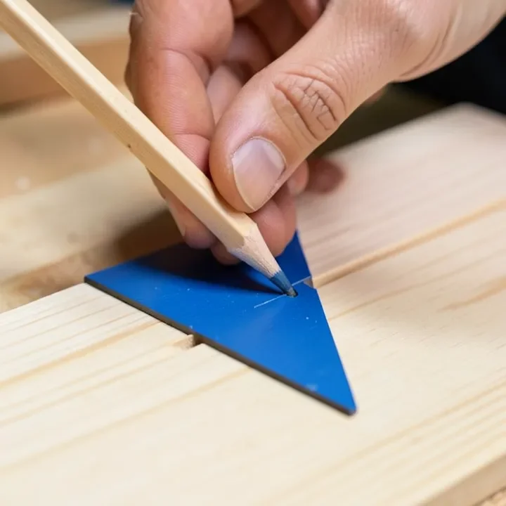 pencil tip in a speed square notch scribing a line parallel to the board edge