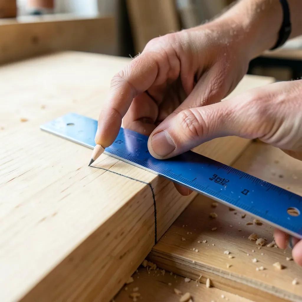 hand holding a speed square against a wood board while marking a pencil line
