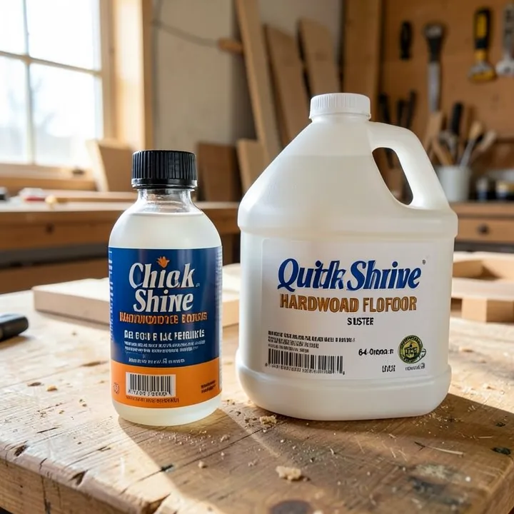 Quick Shine Hardwood Floor Luster standard bottle next to the 64-ounce refill jug Quick Shine Hardwood Floor Luster standard bottle next to the 64-ounce refill jug