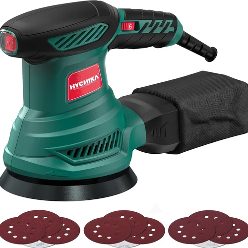 5-Inch Random Orbital Sander, HYCHIKA 13000RPM Electric Orbital Sander with 6 Various Speeds, Palm Sander with 12 Pcs Sandpapers, 1 Pcs Dust Bag, Fit for Woodworking/Sanding