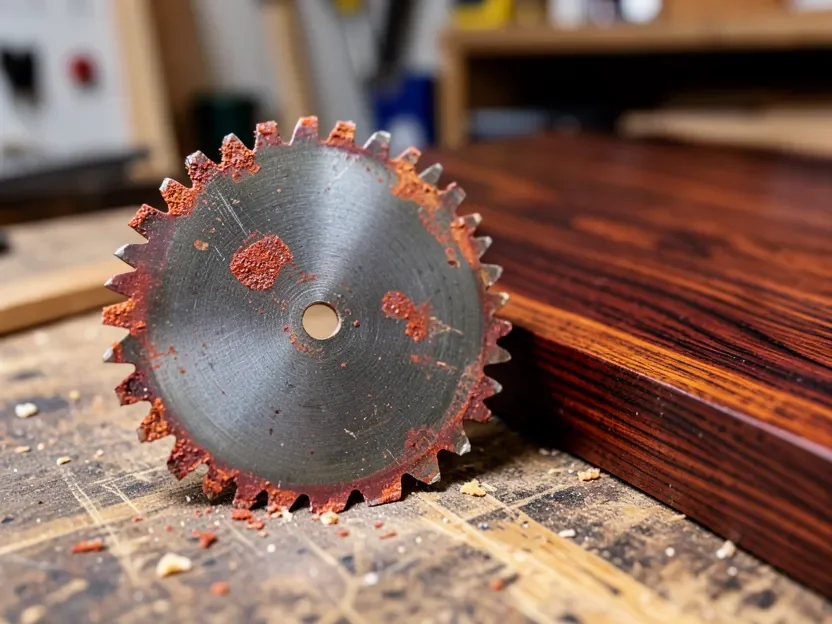 Carbide-tipped saw blade with natural oil resin buildup from cutting Ipe wood