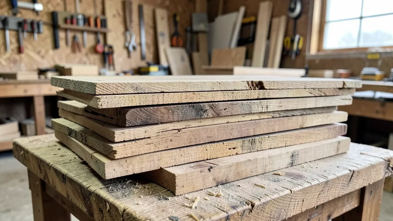 Reclaimed wood planks stacked for reuse