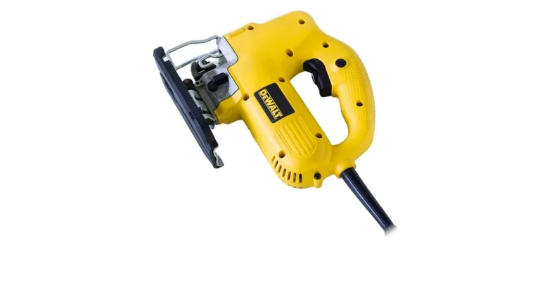 Jigsaw with the blade extended, set up to cut a 2x4