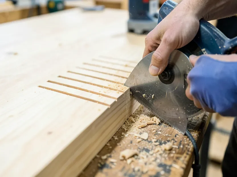 Kerf cuts being sawn into the back of a plywood panel to allow a tight bend