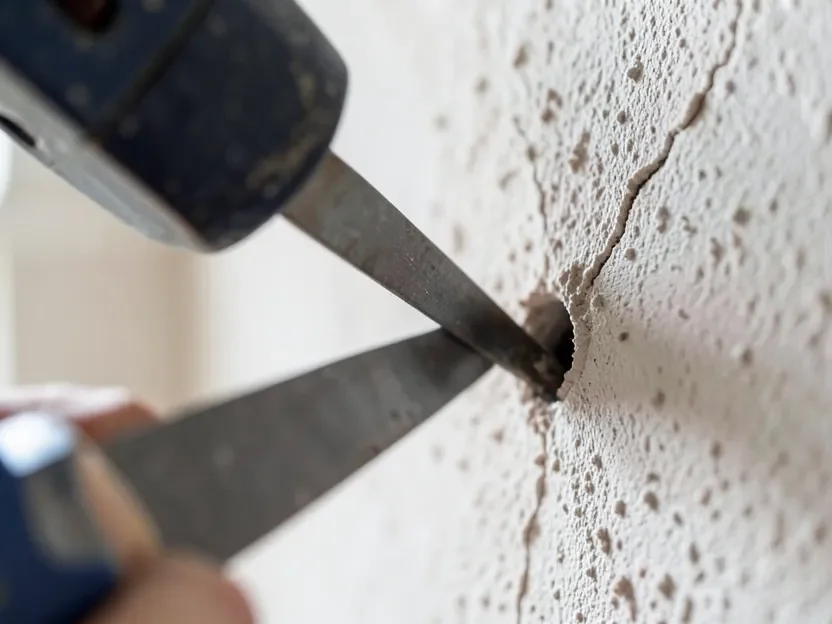 Pointed tip of a keyhole saw blade inserted into a pilot hole in drywall before a plunge cut