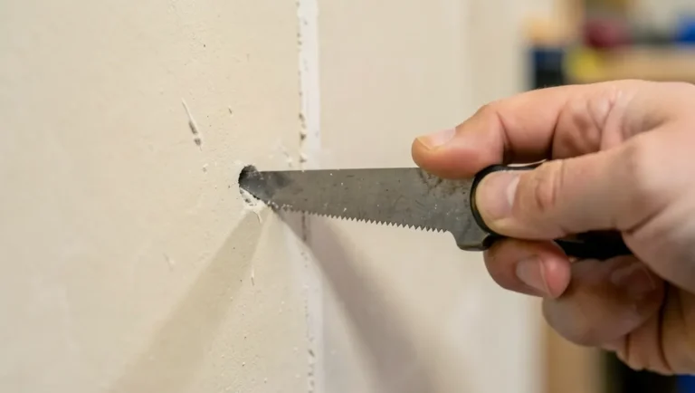 Hand holding a keyhole saw mid-cut through a sheet of drywall