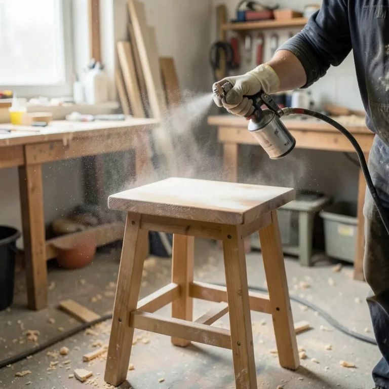 Spraying a clear finish onto a painted wood piece in a workshop