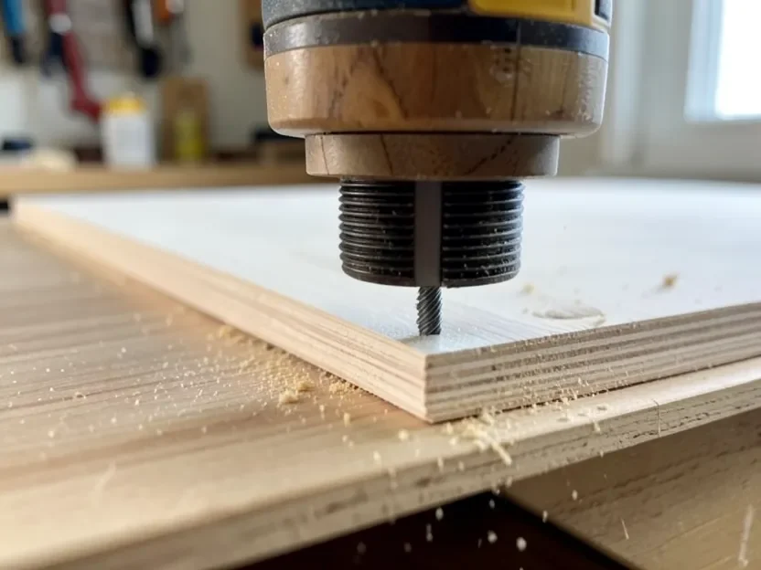 Router with a flush-trim laminate bit trimming the overhanging edge of laminate flush with a plywood substrate