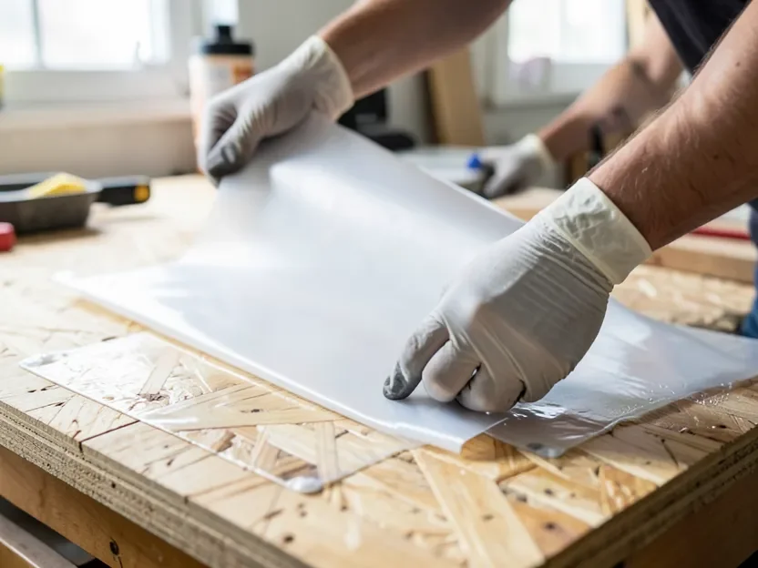 Gloved hands lowering a laminate sheet onto a plywood substrate coated with contact cement