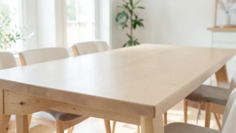 Light colored wood dining table showing pale maple and ash grain in a bright room