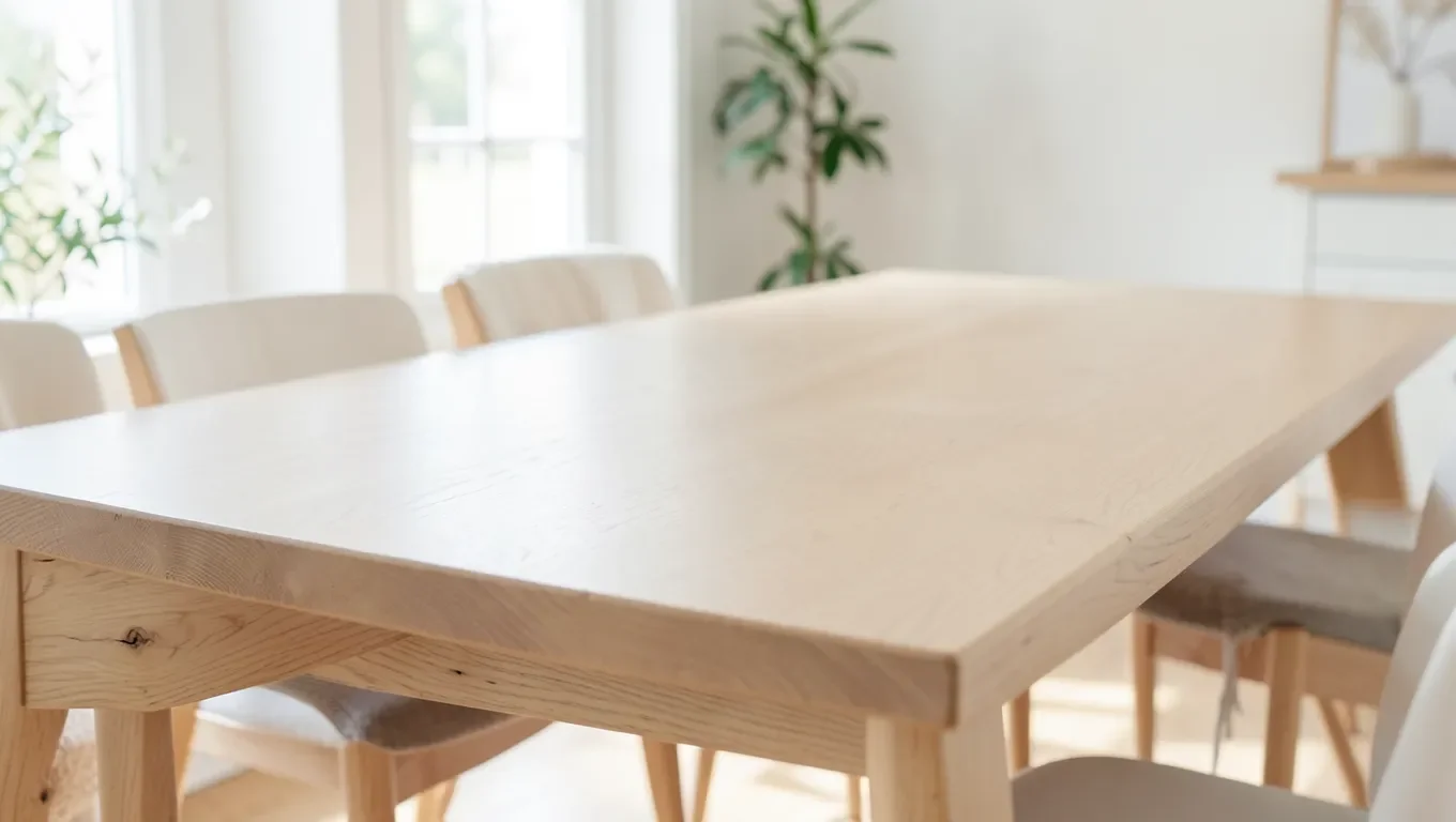 Light colored wood dining table showing pale maple and ash grain in a bright room
